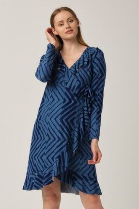 Kadın Zigzag Desenli Mavi Hamile Günlük Elbise 7245