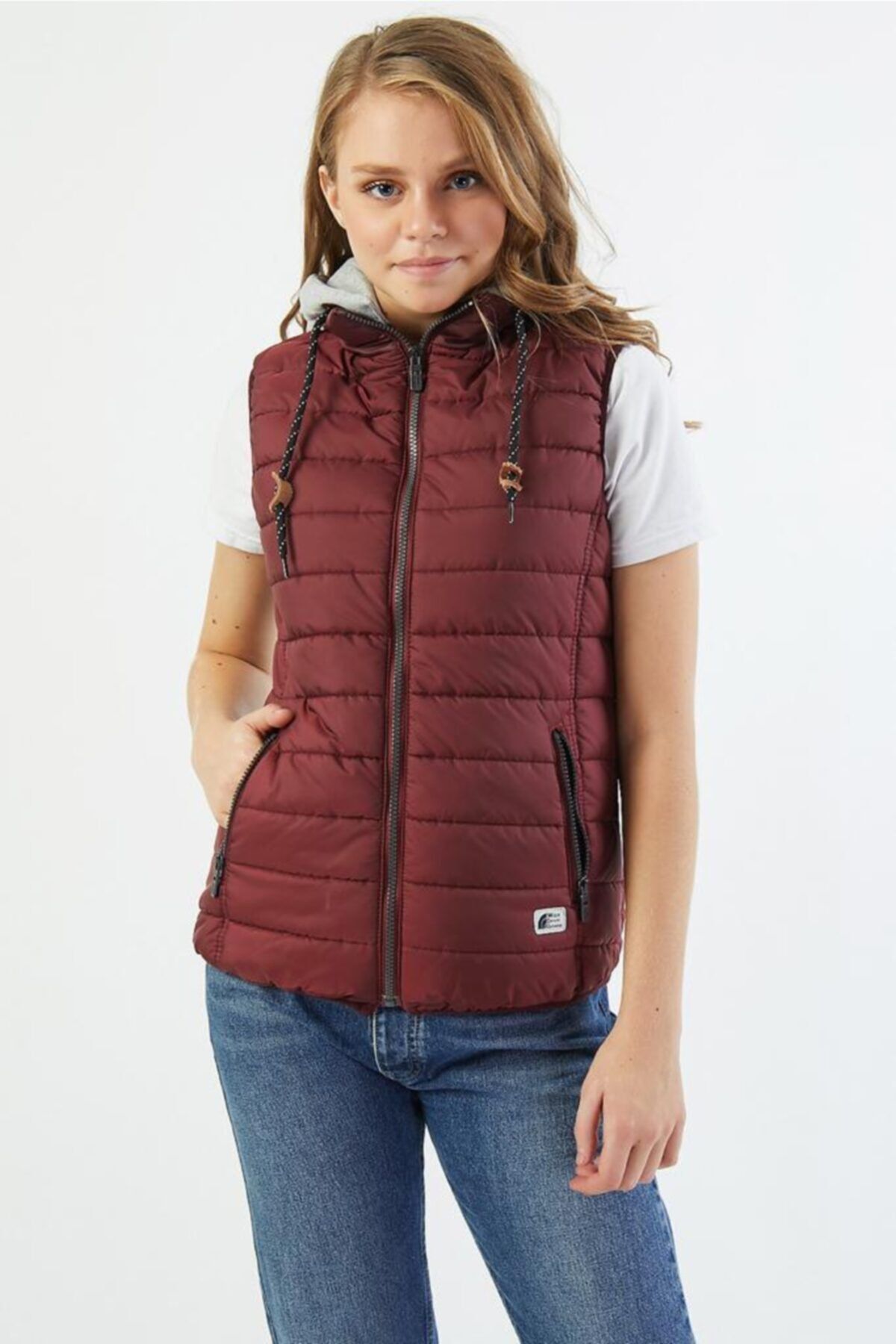 Wise-Women's Hooded Combed Cotton Lined Puffer Vest - burgundy 1
