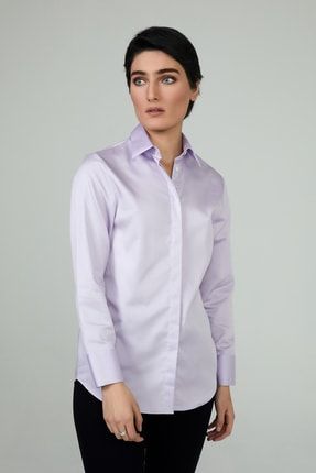 %100 Pamuk Saten Lila Klasik Kesim Kadın Gömlek Celıne DA2011054001026