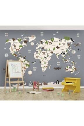 Dünya Haritası Ülkeler Okyanuslar Ve Canlılar Çocuk Odası Duvar Kağıdı çocuk-406