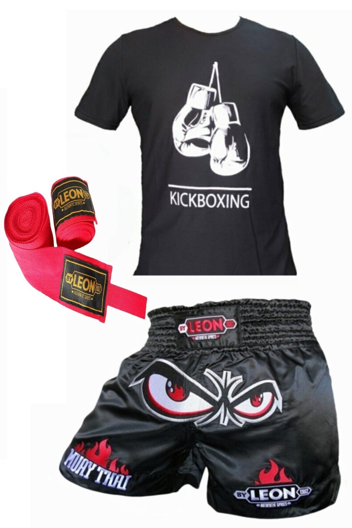 تجهیزات بوکس مشکی Kickboxing ، Boxing Thai T Shirt Shorts Set 3.5 متر مجموعه باند By Leon 1982