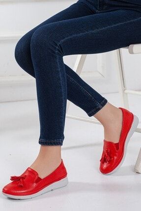 Kadın Kırmızı Hakiki Deri Günlük Ayakkabı B0001 DERİ BABET -021
