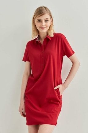 Kadın Kırmızı Polo Yaka Kısa Kol Elbise 21-4129