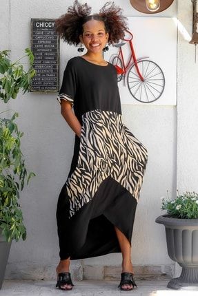 Kadın Siyah Yuvarlak Yaka Zebra Desen Bloklu Cepli Önü Kısa Cepli Elbise M10160000EL93385