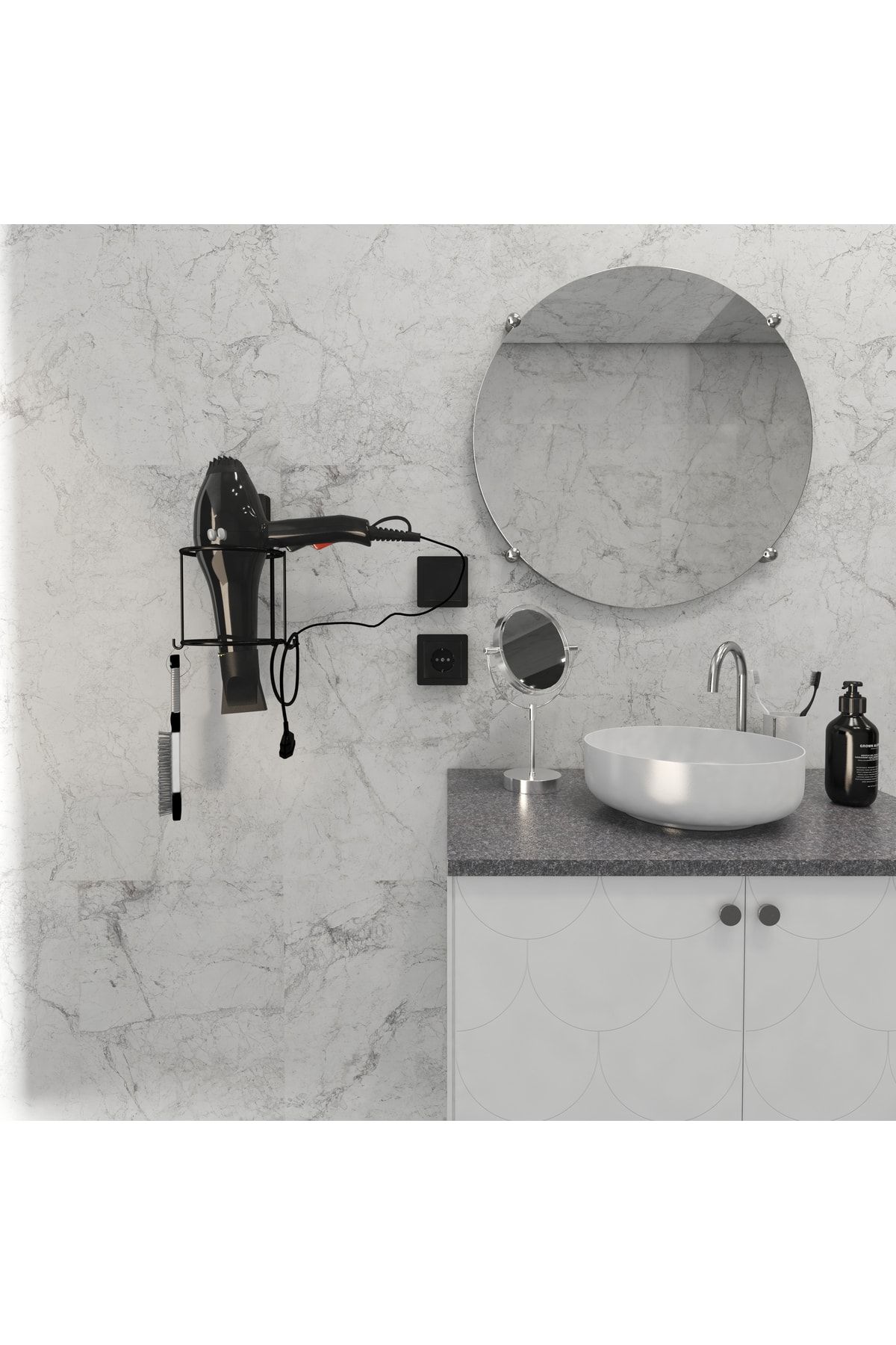 Decorev Siyah Modern Kurutma Makinesi Asma Aparatı Banyo Aksesuarı Güçlü Yapışkanlı