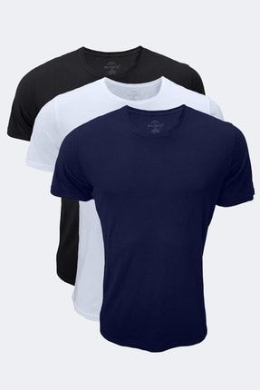 Erkek Siyah Beyaz Lacivert 3 Lü Paket Basic Yuvarlak Yaka Ince Modal T-shirt 084 3M084