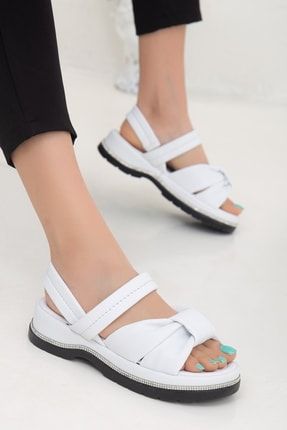 Bant Fiyonklu Beyaz Kadın Dolgu Topuklu Sandalet 129-6-CILT
