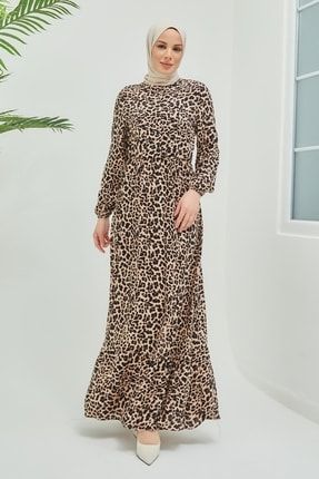 Liveya Düğmeli Viskon Tesettür Elbise - Kahverengi MS000AN0152