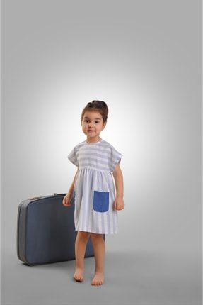 Kız Çocuk Mavi Çizgili Pamuklu Keten Elbise MKE-22005