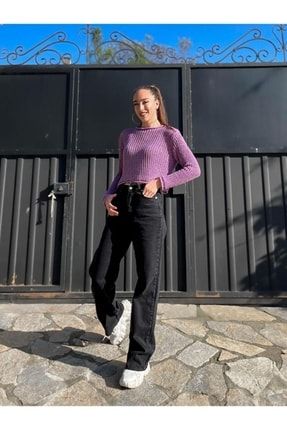 Kadın Twilight Likralı Siyah Süper Yüksek Bel Likralı Bol Paça Kot Pantolon GFASUDE
