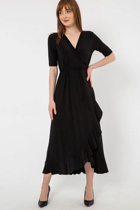 Siyah Kruvaze Volan Detaylı Bağlamalı Elbise 22L7232