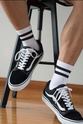 Beyaz Kısa Çizgili Pamuklu Unisex Tenis Kolej Çorabı Ç1049