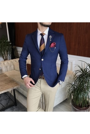 Italyan Stil Erkek Slim Fit Blazer Tek Ceket Lacivert T7233