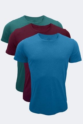 Erkek Yeşil Bordo Mavi 3 Lü Paket Basic Yuvarlak Yaka Ince Modal T-shirt 084 3M084