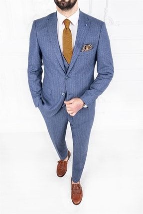 Erkek Slim Fit Sivri Yaka Mavi Yelekli Takım Elbise PR2361