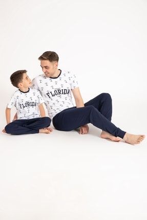 Baba Oğul Kombin Palmiye Desenli Pijama Takım Beyaz 2022-12