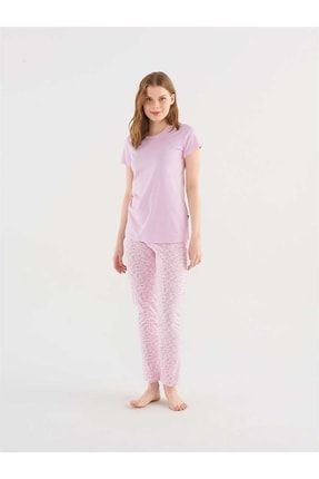 Kadın Lila Yuvarlak Yaka Pijama Takım 16857