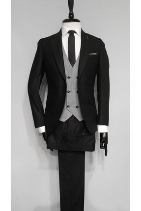 Siyah Italyan Kesim Kombinli Sivri Yaka Yelekli Takım Elbise 02130