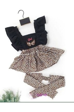 Kız Bebek Girl Siyah Leopar Desenli Bandanalı Yazlık Elbise Lep9
