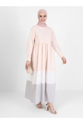 Renk Bloklu Eteği Geniş Pamuklu Elbise - Pudra - Casual 8126261
