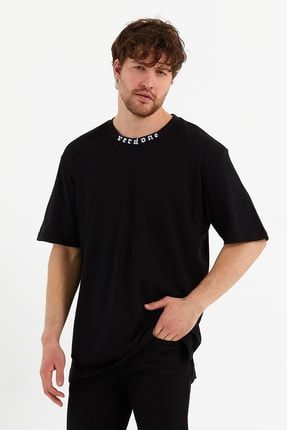 Siyah Erkek Yaka Yazılı Oversize Premium Kalite Pamuklu T-shirt VRDN6070