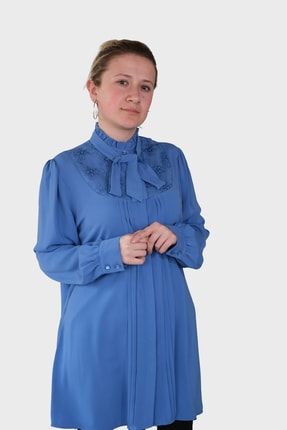 Kadın Saks Mavi Dantel Detaylı Gömlek 2663 2661