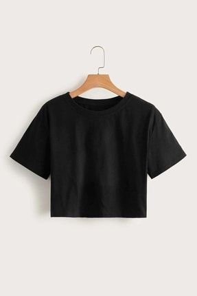 Kadın Siyah Oversize Crop T-shirt Bluz dntc0008