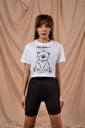 Kadın Basic Sad Bear Bisiklet Yaka Crop Top Tişört Kadın Crop Kadın Tişört fucrop
