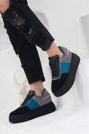 Siyah Mavi Sneakers Yüksek Tabanlı 5 Cm Spor Ayakkabı P134S7155