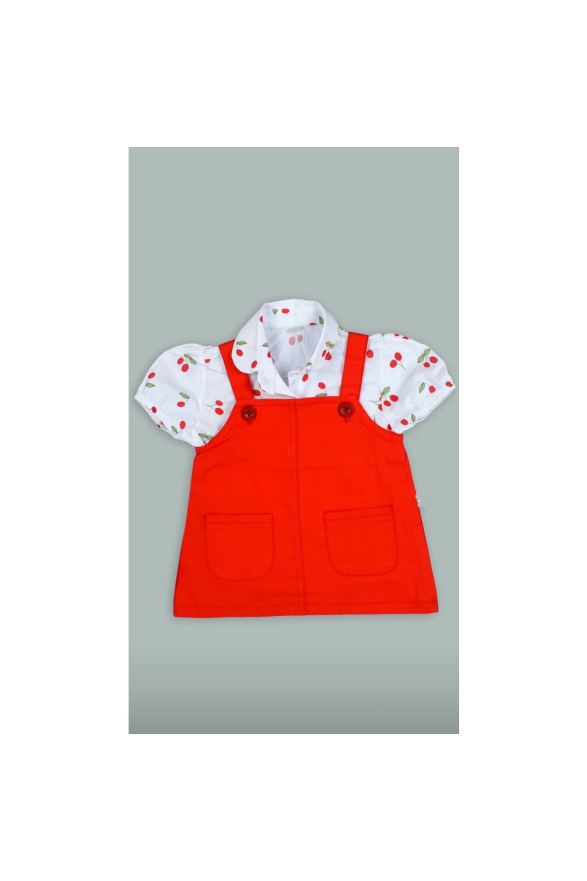 Şirin Şeyler Butiği Aline Kız Bebek Çocuk Kısa Kol Kiraz Elbise Kiraz Salopet Kırmızı 2'li Alt Üst Takım Kirazli Elbise OR10598