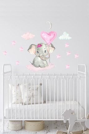 Sevimli Pembe Kalpli Fil Bulutlar Ve Yıldızlar Kız Çocuk Odası Duvar Sticker KTDOA307
