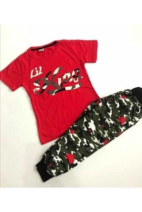 Erkek Çocuk Kırmızı T-shirt Kamuflaj Alt Eşofman Ikili Takım karınca2030