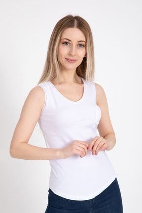 Kadın V Yaka Cepli Kalın Askılı Beyaz T-shirt 20545