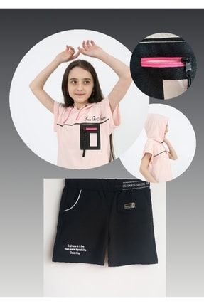 Pudra Siyah Cepli Kapüşonlu T-shirt Şort Kız Çocuk 2 li Alt Üst Takım 265675