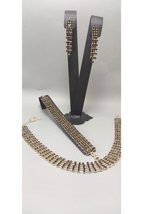 Gold Kaplama Siyah Kristal Taşlı Choker Kolye Küpe Bileklik Takım Abiye Kına Özel Günler CH005