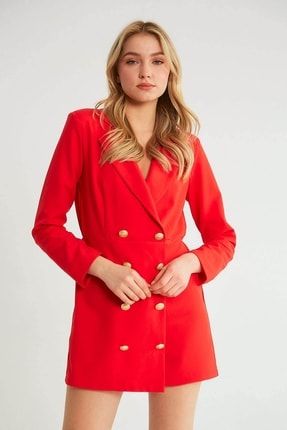 Düğmeli Şort Detaylı Kruvaze Ceket Elbise Kırmızı D88386-107