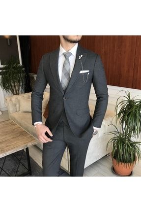 Italyan Stil Slim Fit Ceket Yelek Pantolon Gri Takım Elbise T7168