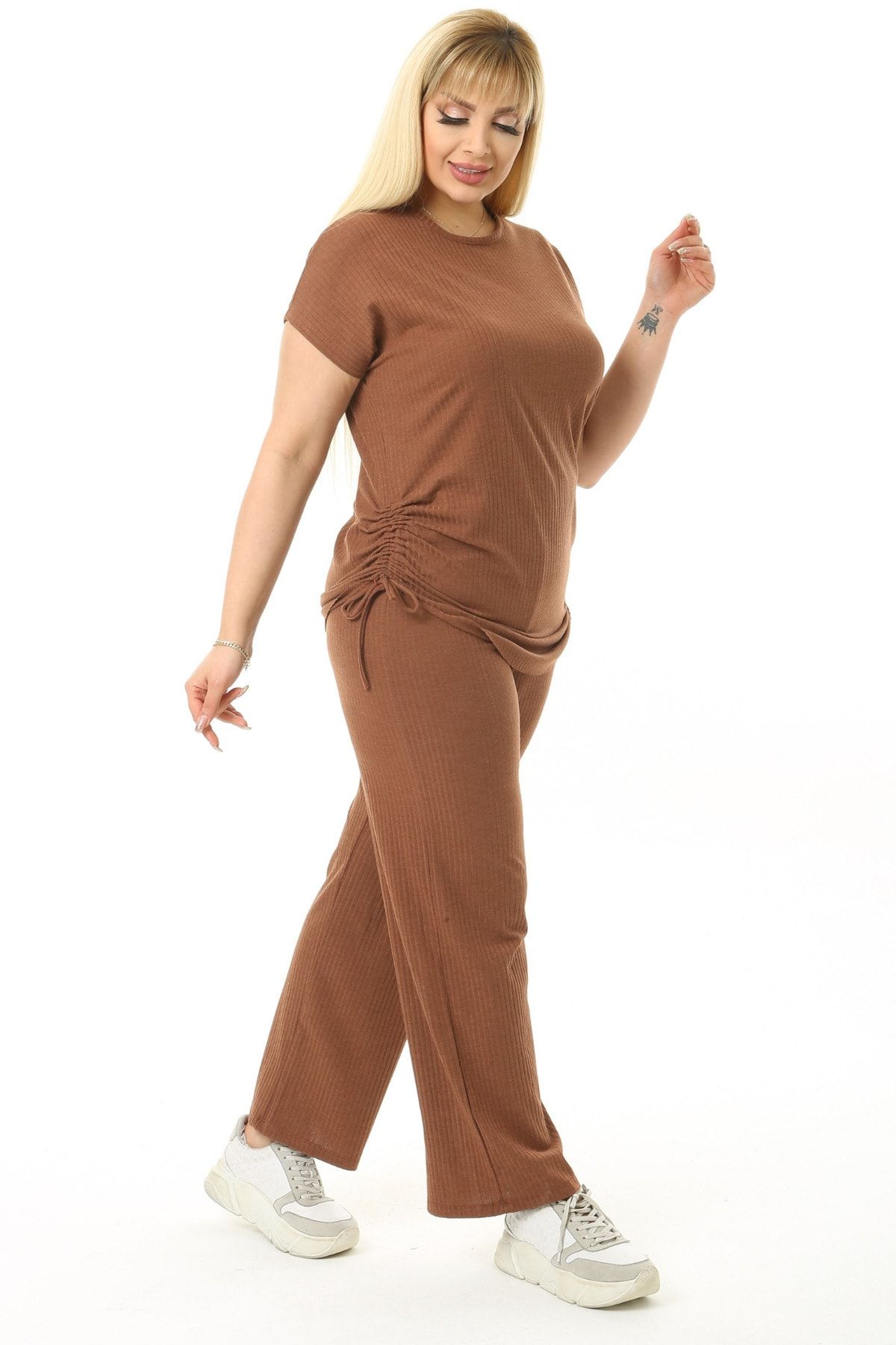 HERAXL Camel Short Sleeve Suit with Ruffle Detail on the Sides
