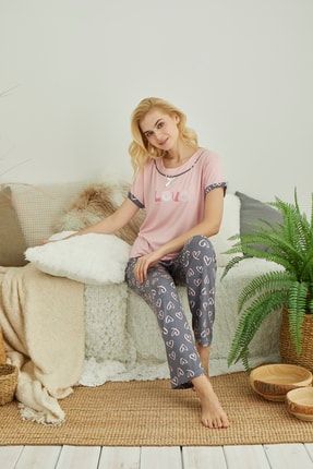 Kadın Açık Pembe Kedili Love Nakışlı Pijama Takımı MK179-1