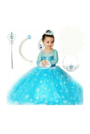 Mavi Kız Çocuk- Uzun Kol Simli Tarlatanlı Elsa Kostüm Taç Asa Saç Hediyeli DMUZNELS1144