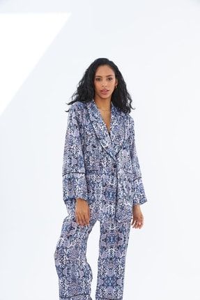 Sophia Mavi Desenli Düğmeli Biyeli Saten Pijama Takımı GK1165