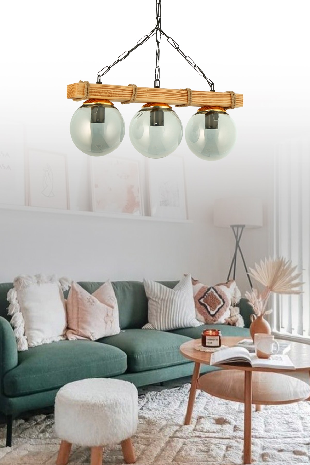 Authentic Wooden Triple Smoked Globe Glass Chandelier