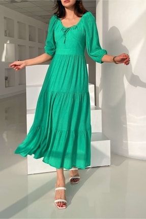 Kadın Kare Yaka Çimen Yeşili Krinkıl Kumaş Astarlı Elbise 2894