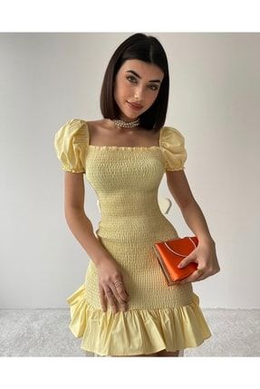 Sarı Gipeli Mini Elbise AFŞ-SARGP