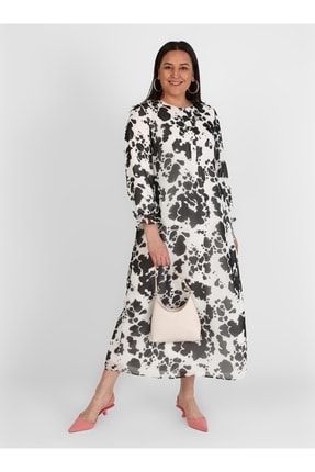 Büyük Beden Batik Desenli Şifon Elbise - Siyah Ekru 8159829