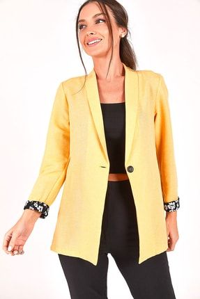 Kadın Sarı Kol İçi Çiçekli Tek Düğmeli Ceket ARM-22Y001075