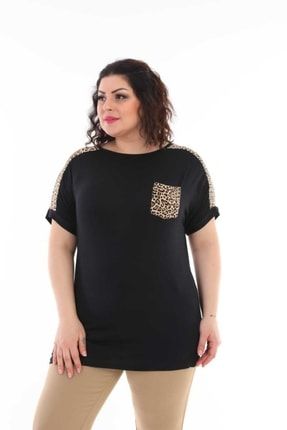Kadın Büyük Beden Cep Ve Kol Desenli Siyah T-shirt 15TSH1005