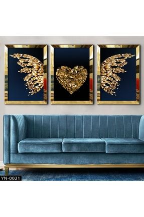 Kalp Kanat Sanatsal Çalışma-gold Ayna Çerçeveli Tablo 3'lü Set-hyn-0021 HYN-0021