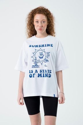 Eazy Beyaz Sunshine Unisex Extra Oversize Baskılı Kısa Kollu T-shirt Eazy 5050