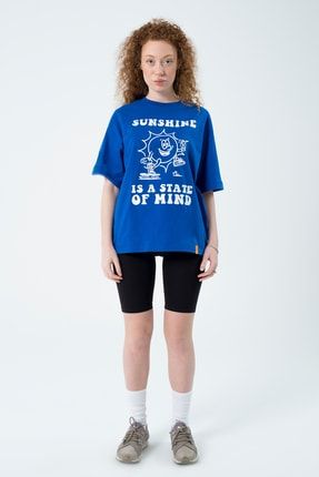 Eazy Saks Mavi Sunshine Unisex Extra Oversize Baskılı Kısa Kollu T-shirt Eazy 5050